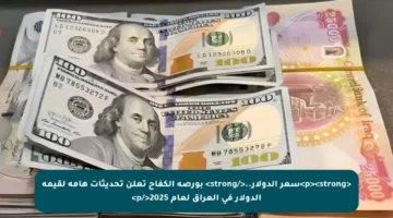 <p><strong>سعر الدولار..</strong> بورصة الكفاح تعلن تحديثات هامة لقيمة الدولار في العراق لعام 2025</p>